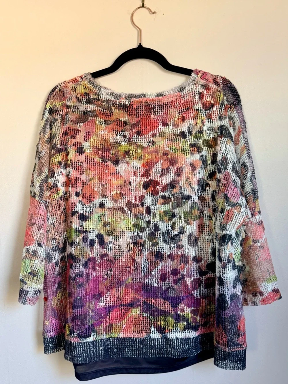 Vecceli Italy Abstract Mesh Layered Top Women’s L Boho Lagenlook Knit Blouse